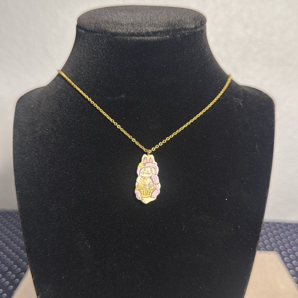 Vintage 1980s Whimsical Bunny Pendant Necklace 16” chain